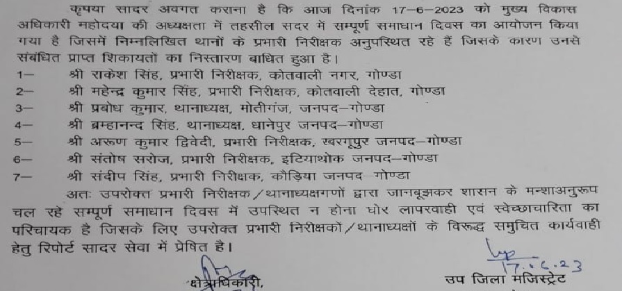 Gonda : 7 थाना प्रभारी मुश्किल में, आयुक्त ने कार्रवाई के लिए DIG को लिखा पत्र