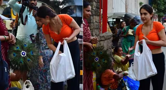 शनि मंदिर के बाहर गरीबों को खाना बांटती दिखीं बॉलीवुड एक्ट्रेस सारा अली खान